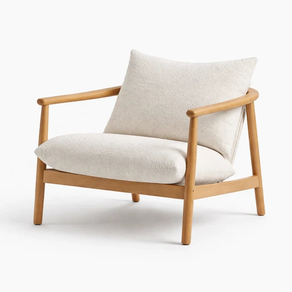 Beige Fabric Accent Chair with Solid Wood Frame