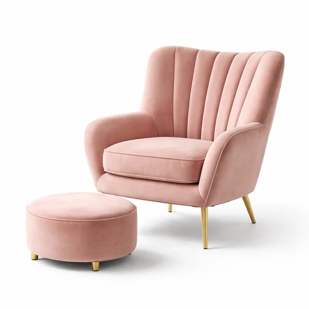 Blush Pink Velvet Accent Chair with Matching Ottoman