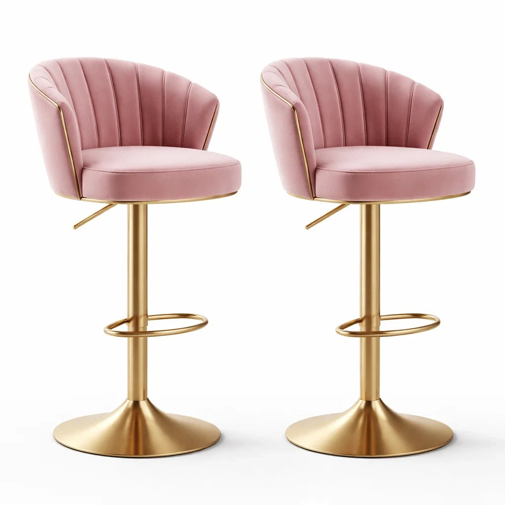 Blush Pink Velvet Adjustable Bar Stools Set of 2 with Gold Metal Base