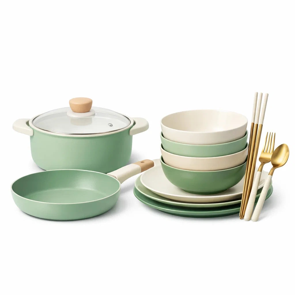 Green Non Stick Cookware and Tableware Set