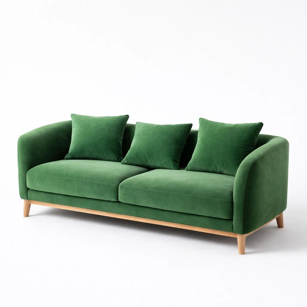Green Fabric Three-Seater Sofa with Solid Wood Legs