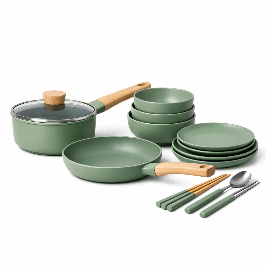 Matte Green Cookware Set with Plates and Bowls