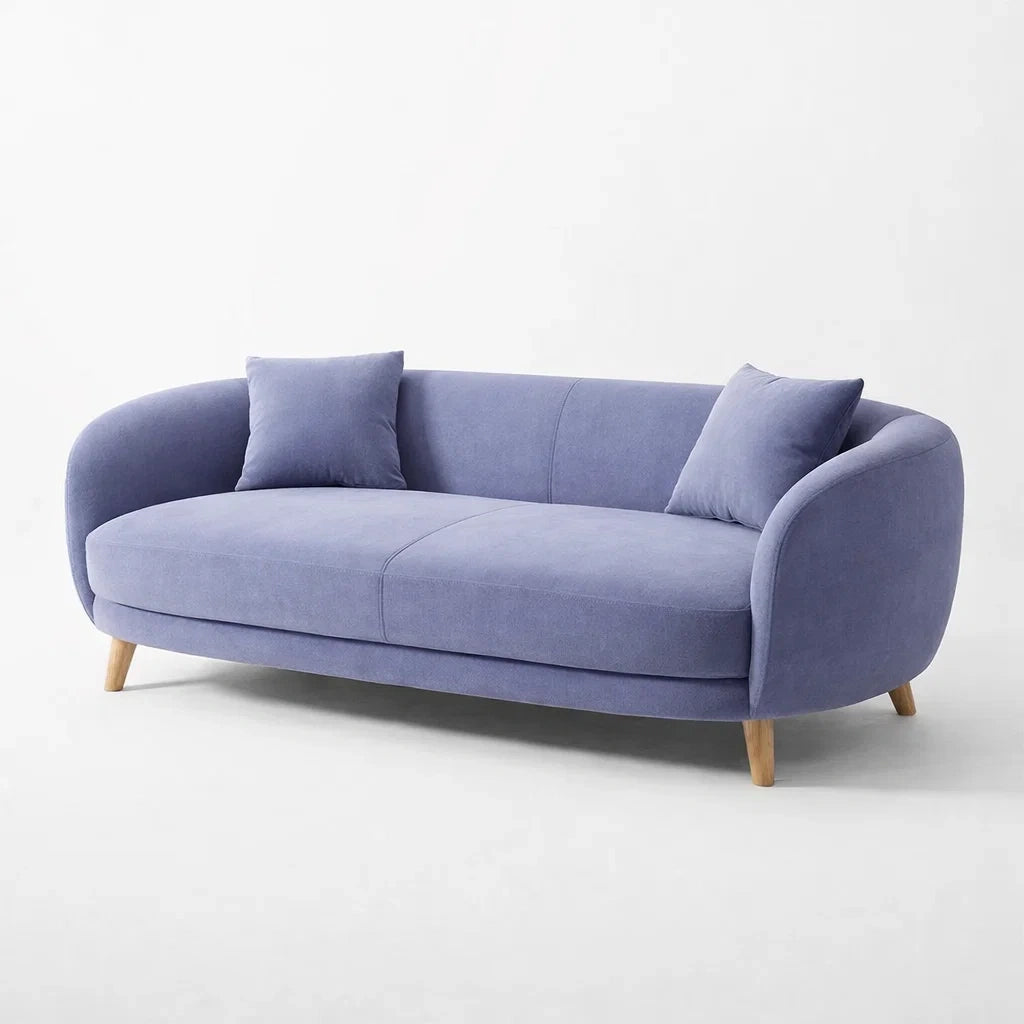 Blue Curved Fabric Three-Seater Sofa with Solid Wood Legs