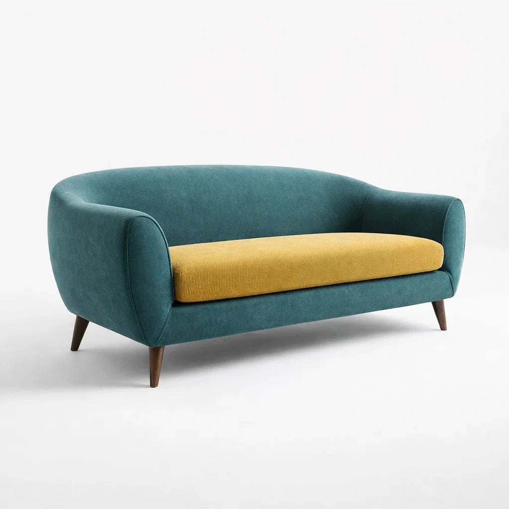 Two-Tone Curved Fabric Three-Seater Sofa with Wooden Legs