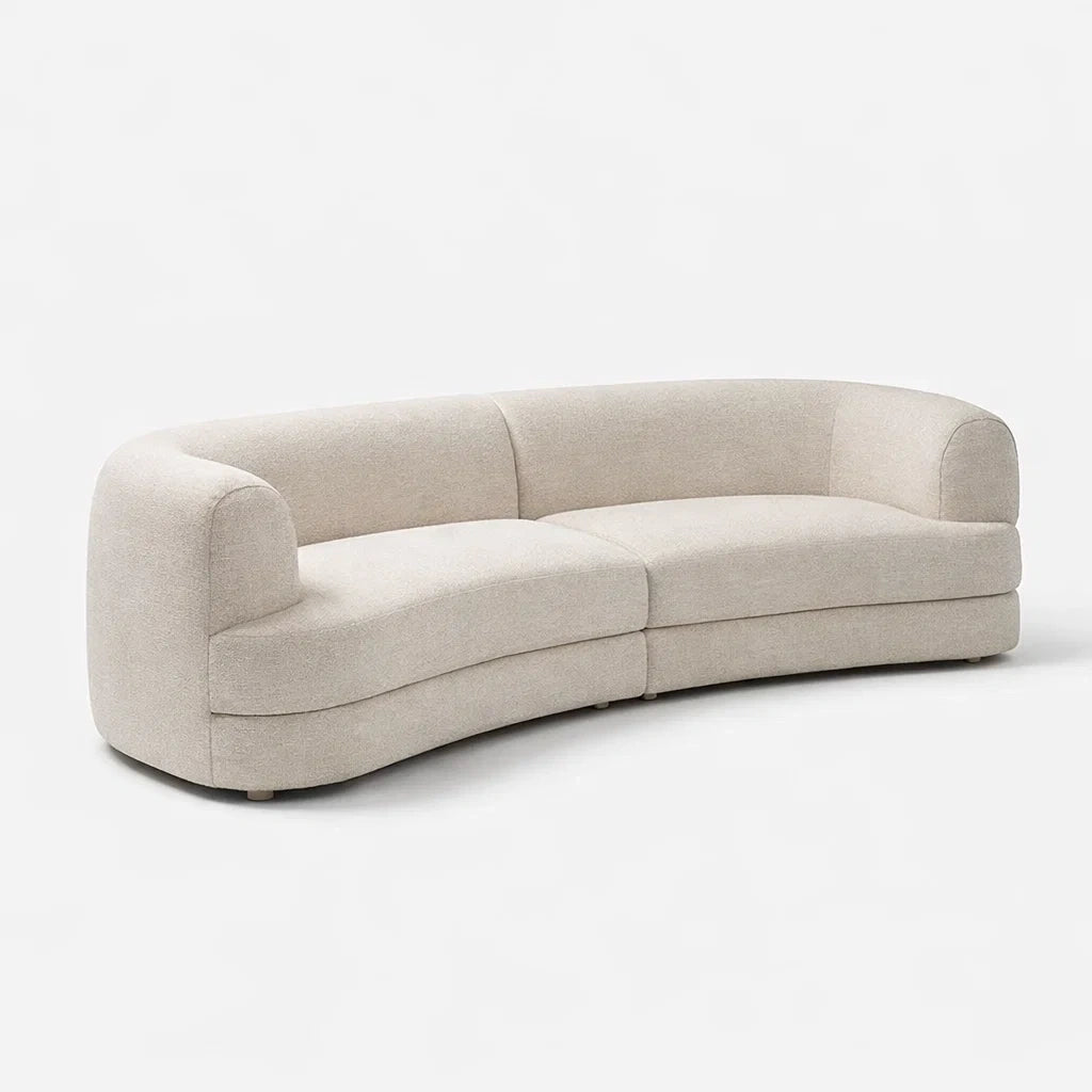 Beige Curved Fabric Three-Seater Sofa