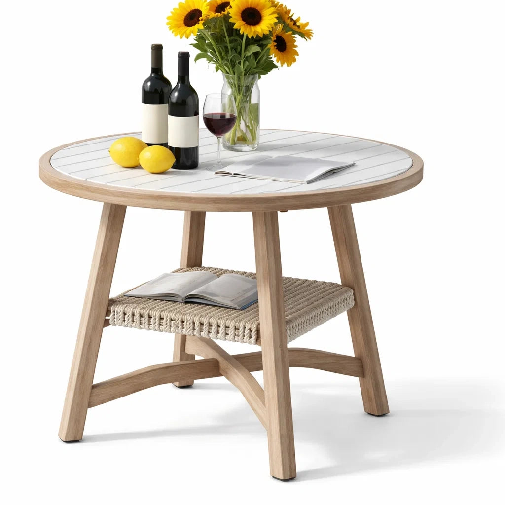 Round Wooden Coffee Table with Lower Woven Shelf