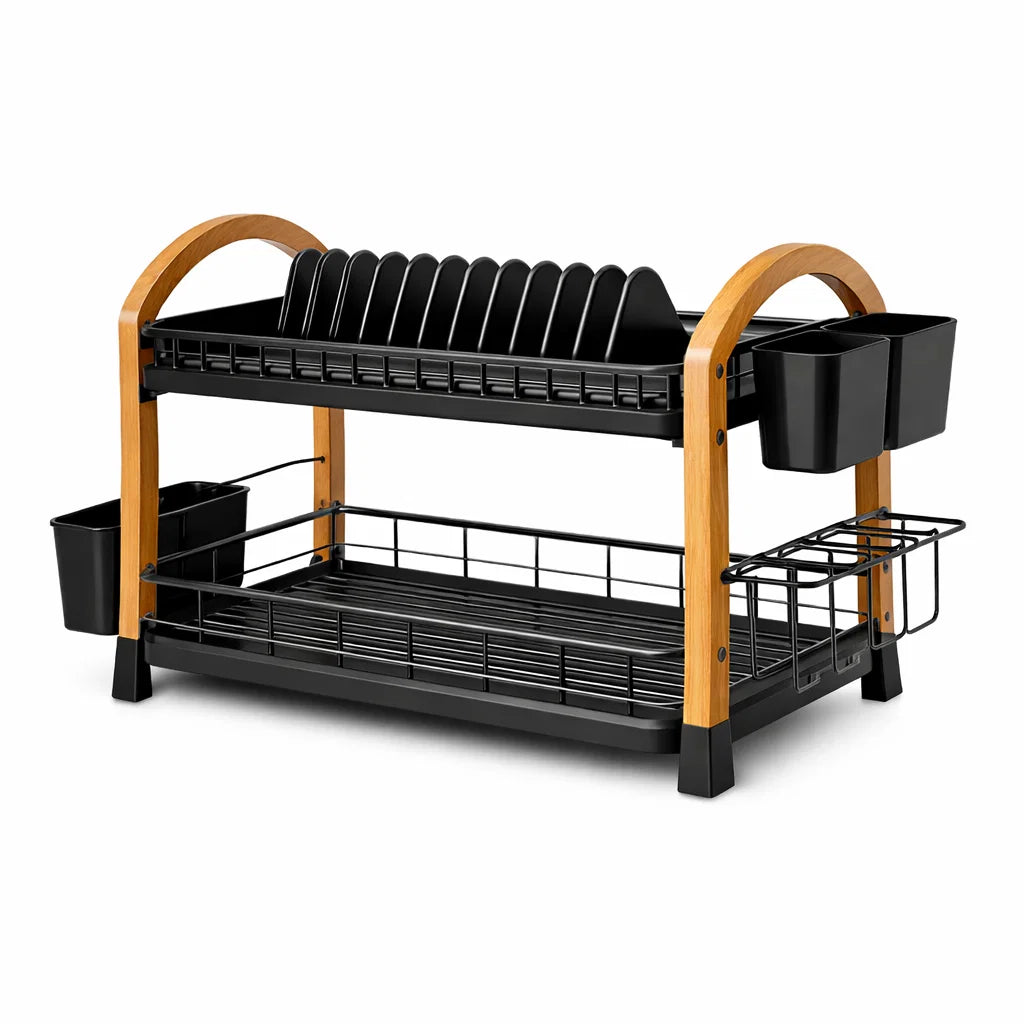 Bamboo Frame Dish Drying Rack with Utensil Holder